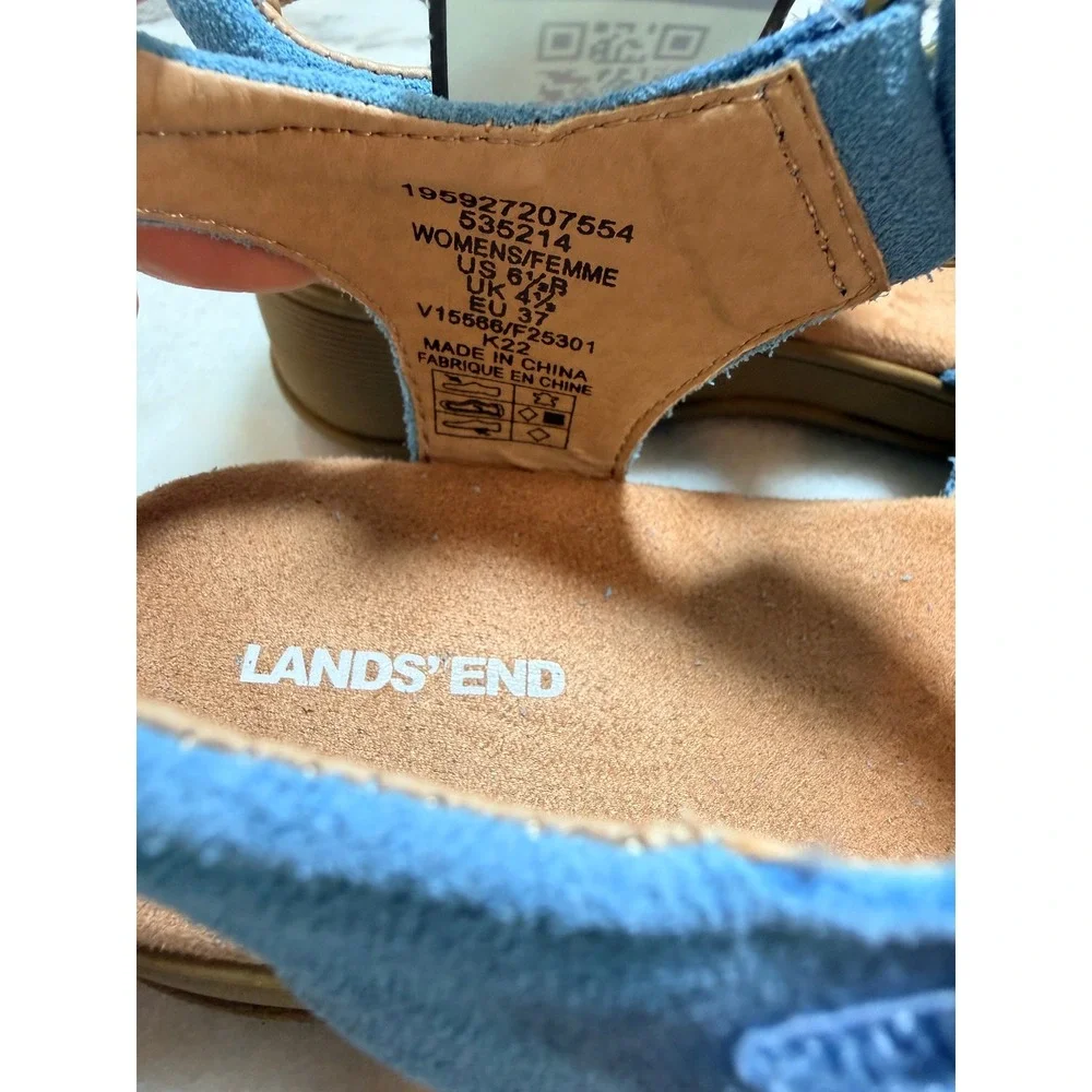 Lands End Womens Blue Suede Wedge Sandals‎ 535214 Size 6.5 B Strappy Comfort